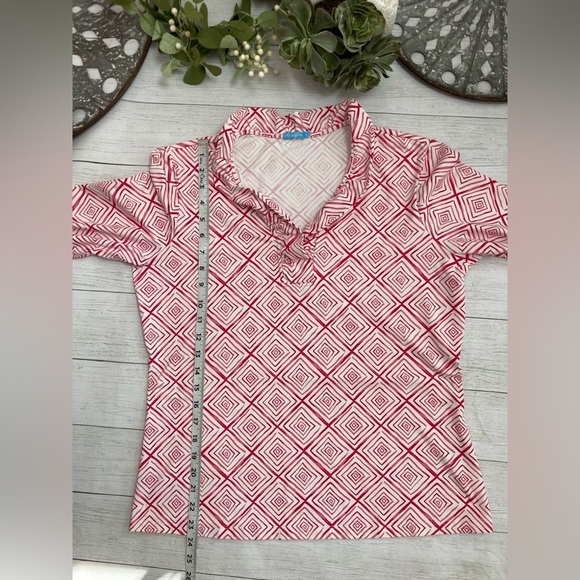 J. McLaughlin Pink White Diamond Print Ruffle Neck Top - Picture 8 of 13